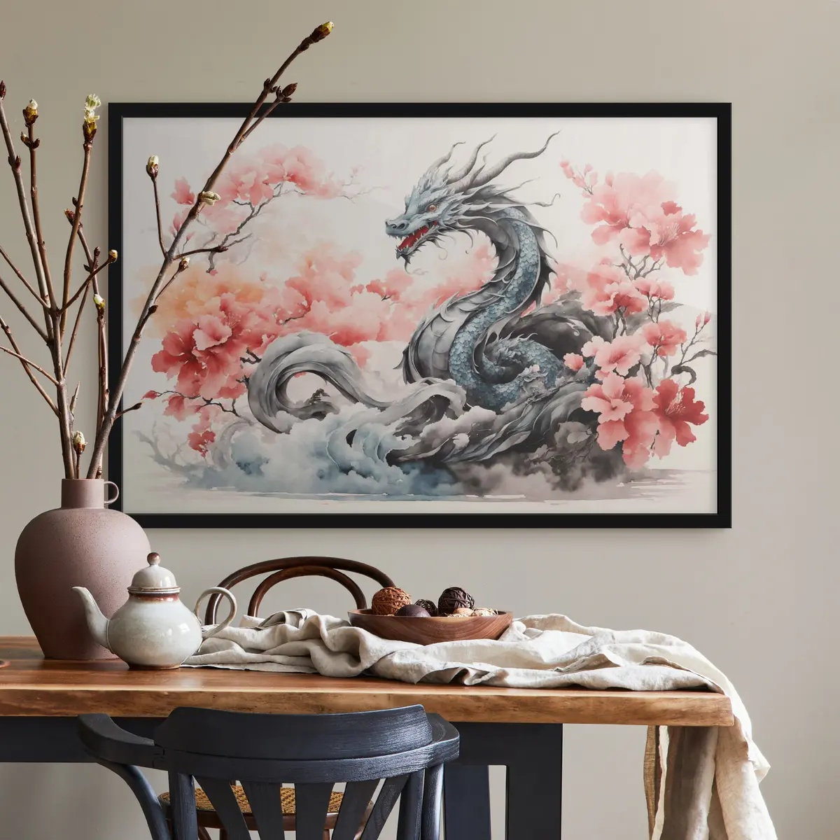 Affiche Majestueux dragon parmi les fleurs épanouies f36239