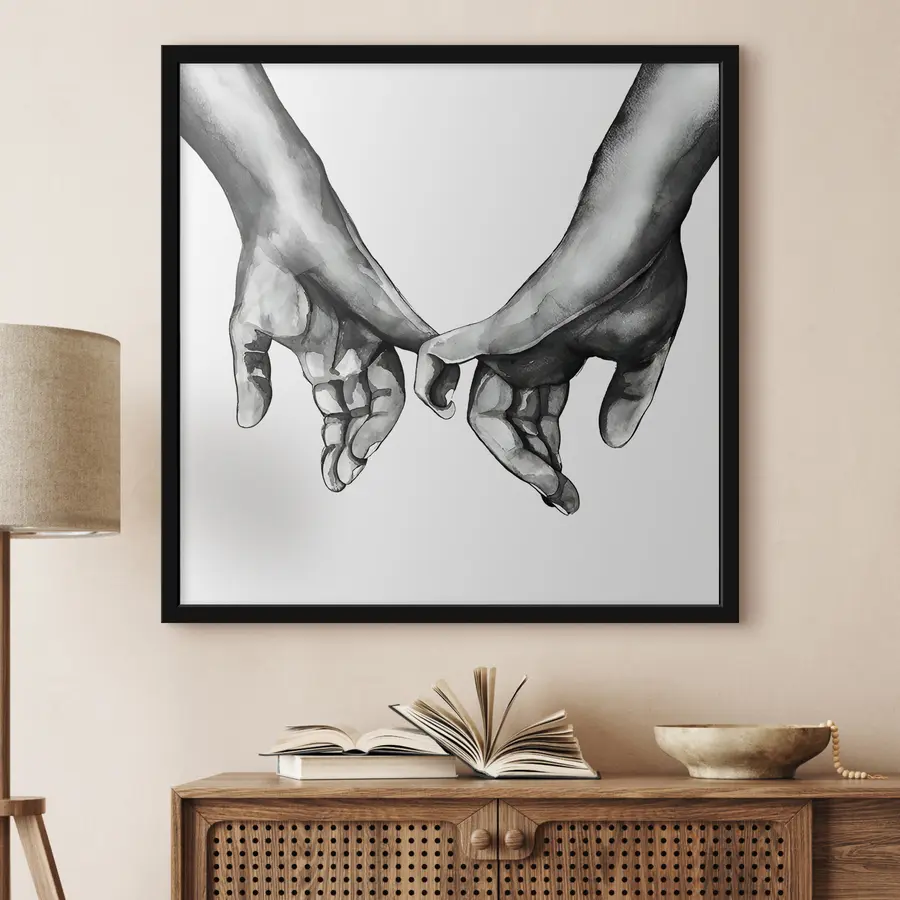 Fotobehang Zwart en wit die handen op een witte achtergrond houden f36848