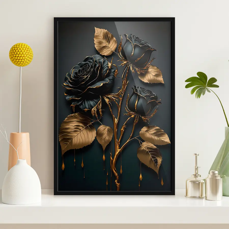 Papier peint photo Rose noire avec feuilles f33700