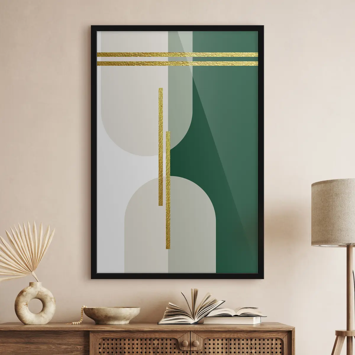 Poster Abstracte wanddecoratie in beige en groene tinten f35943