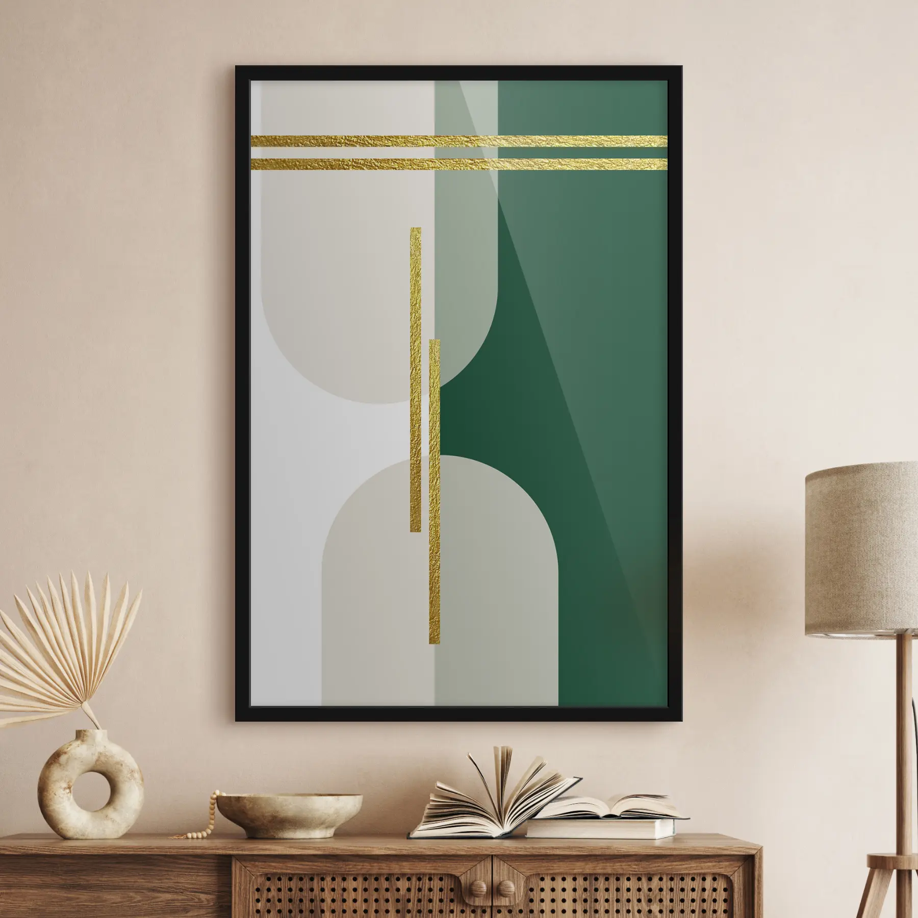  Peintures Graphisme mural abstrait dans les tons beiges et verts f35943