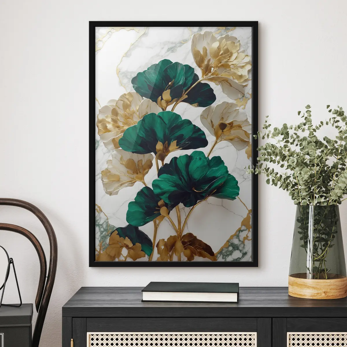 Poster Elegant gebladerte op een marmeren achtergrond f36646