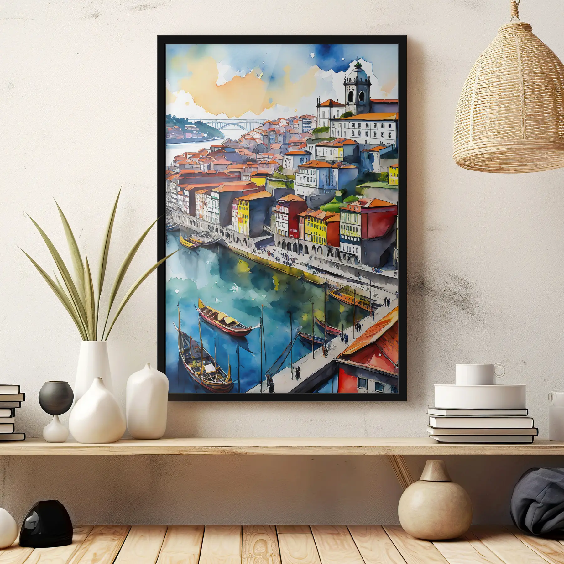  Peintures Ville animée au bord du fleuve, sous le ciel f36680