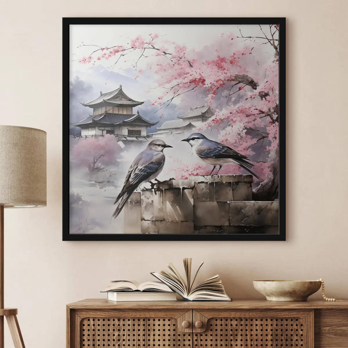 Affiche Deux oiseaux près des fleurs de cerisier f36815