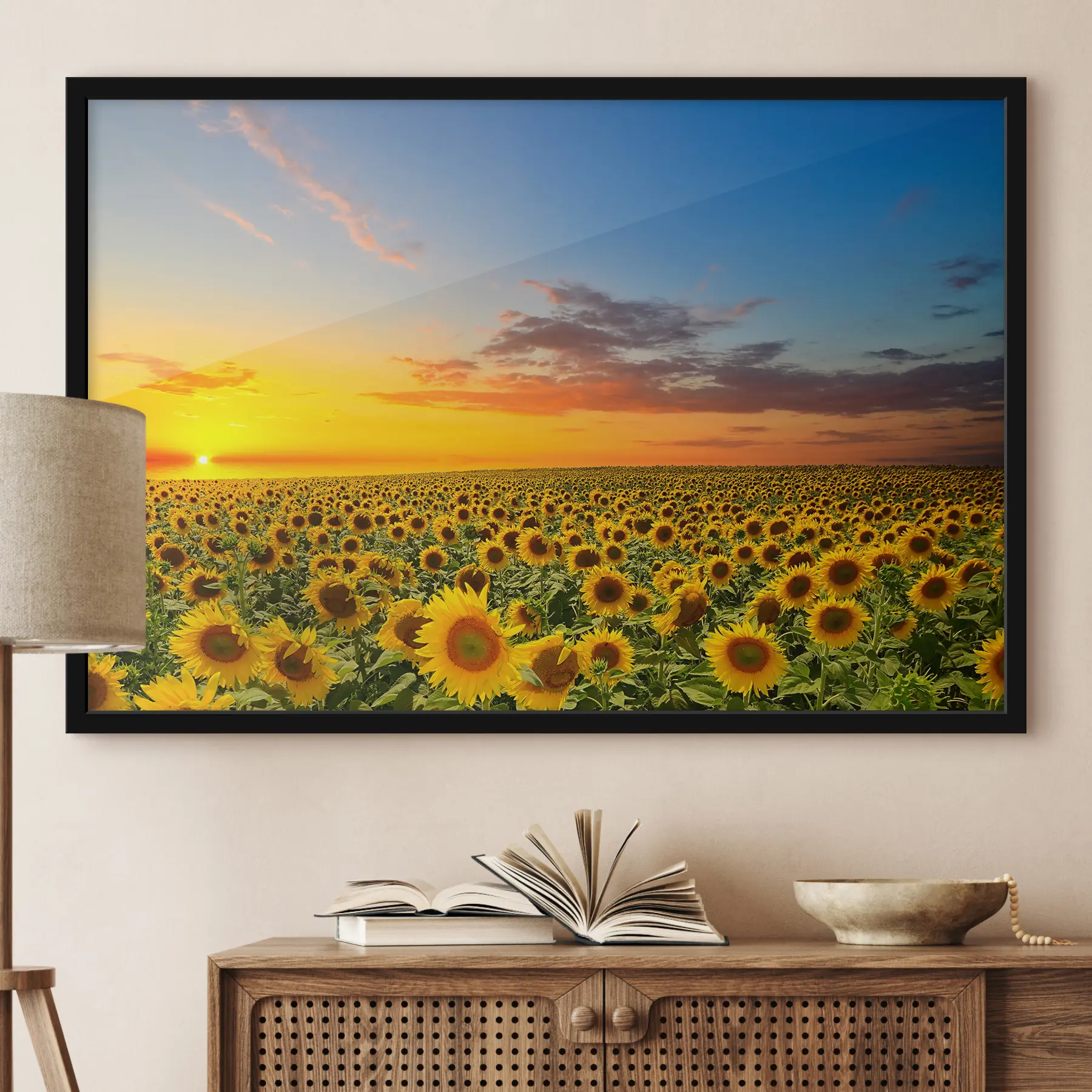 Fotobehang Zonnebloemenveld bij zonsondergang. Een prachtig uitzicht f05429