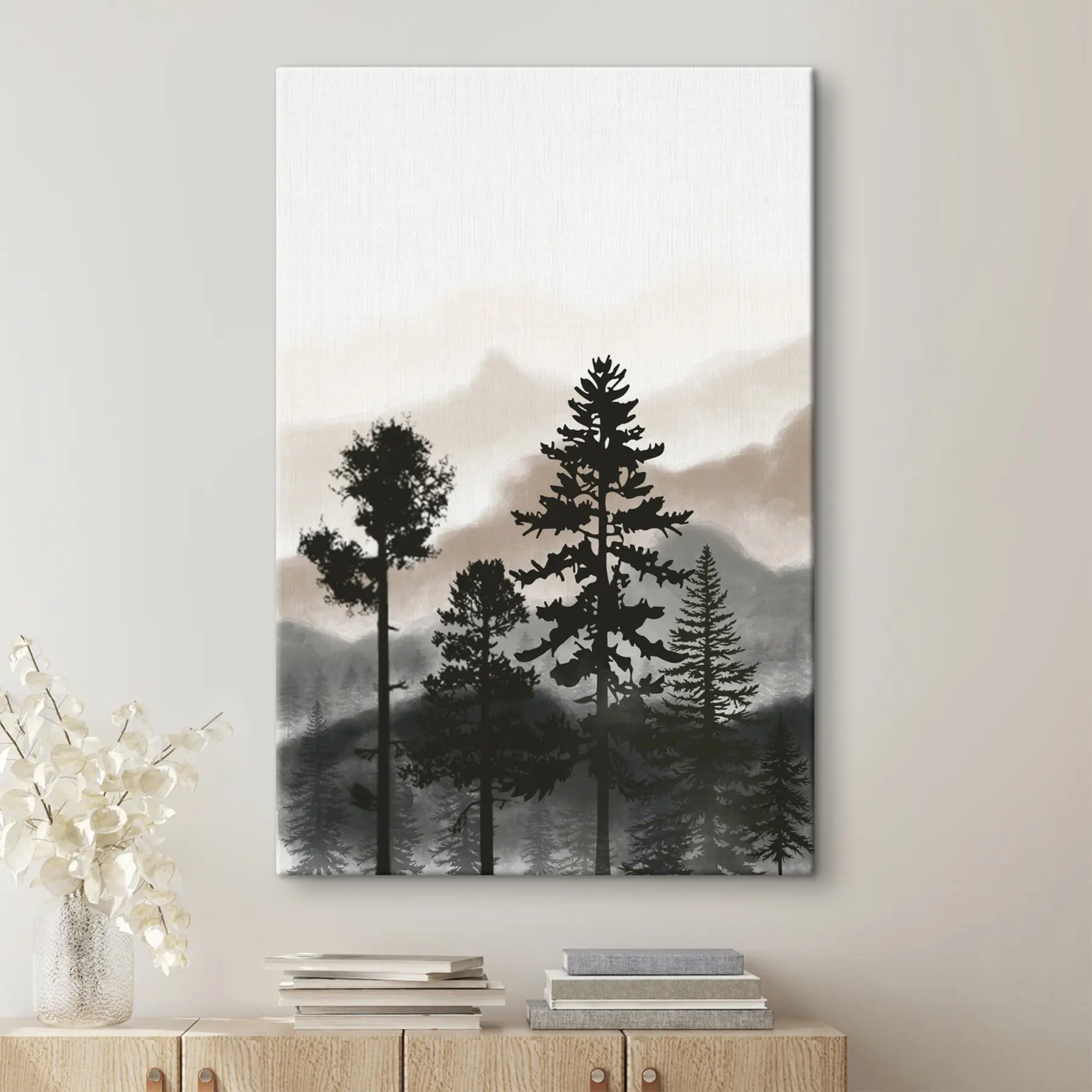  Schilderijen Silhouetten van bomen in een mistig landschap s36605v1