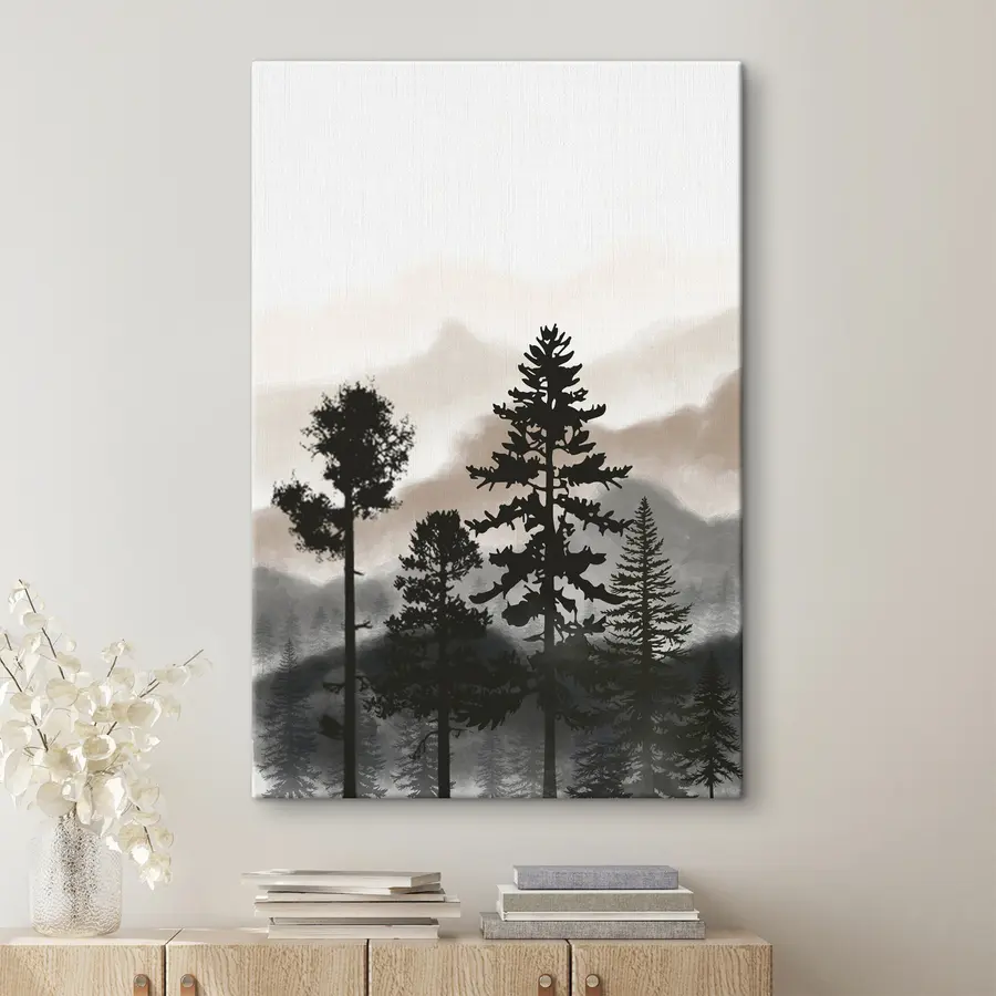  Schilderijen Silhouetten van bomen in een mistig landschap s36605v1