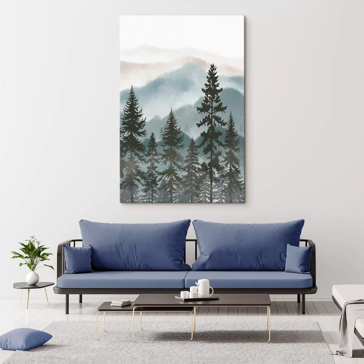  Peintures Montagnes brumeuses et silhouettes de pins s37017