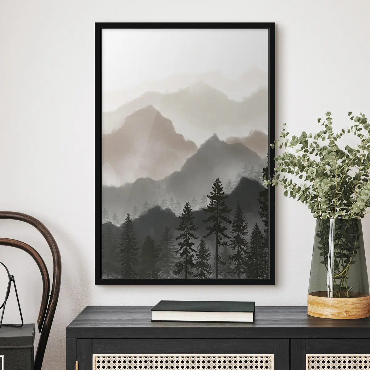 Poster Sereen berglandschap met torenhoge bomen f36607v1