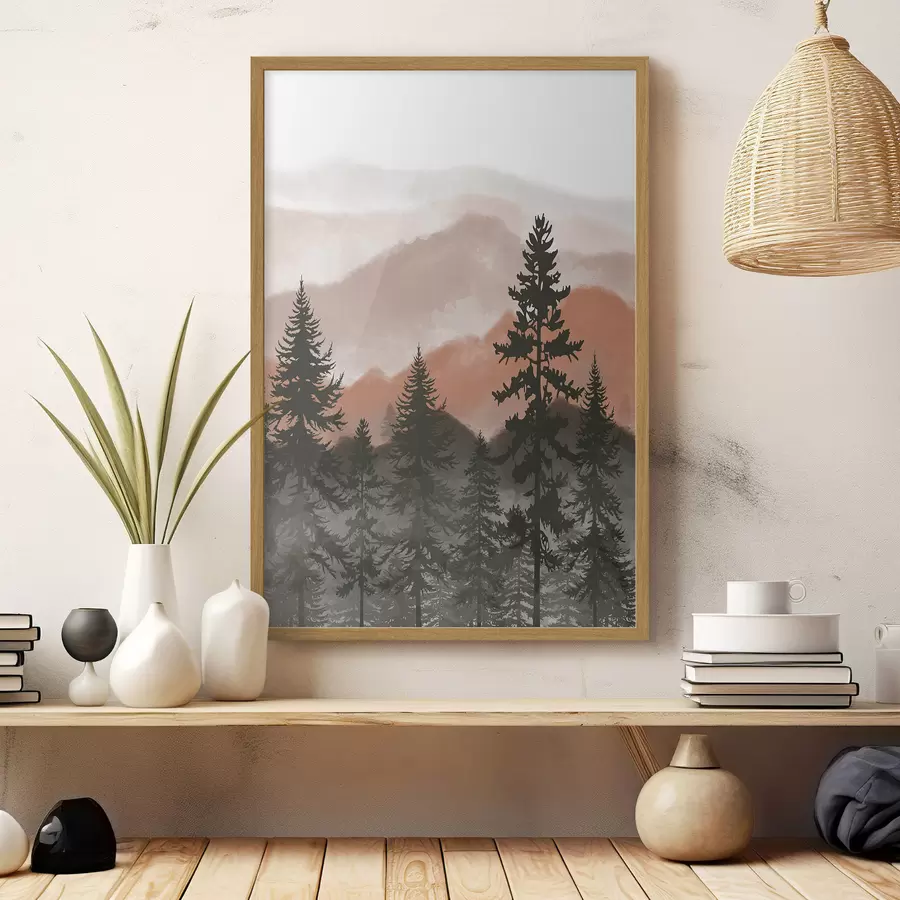 Fotobehang Serene bergen met torenhoge dennen f37017v2