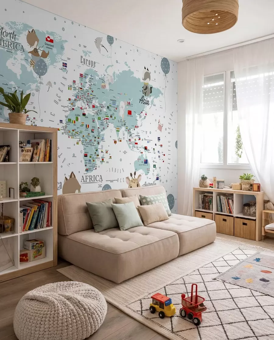 Fotobehang Kinderwereldkaart met dieren u99228