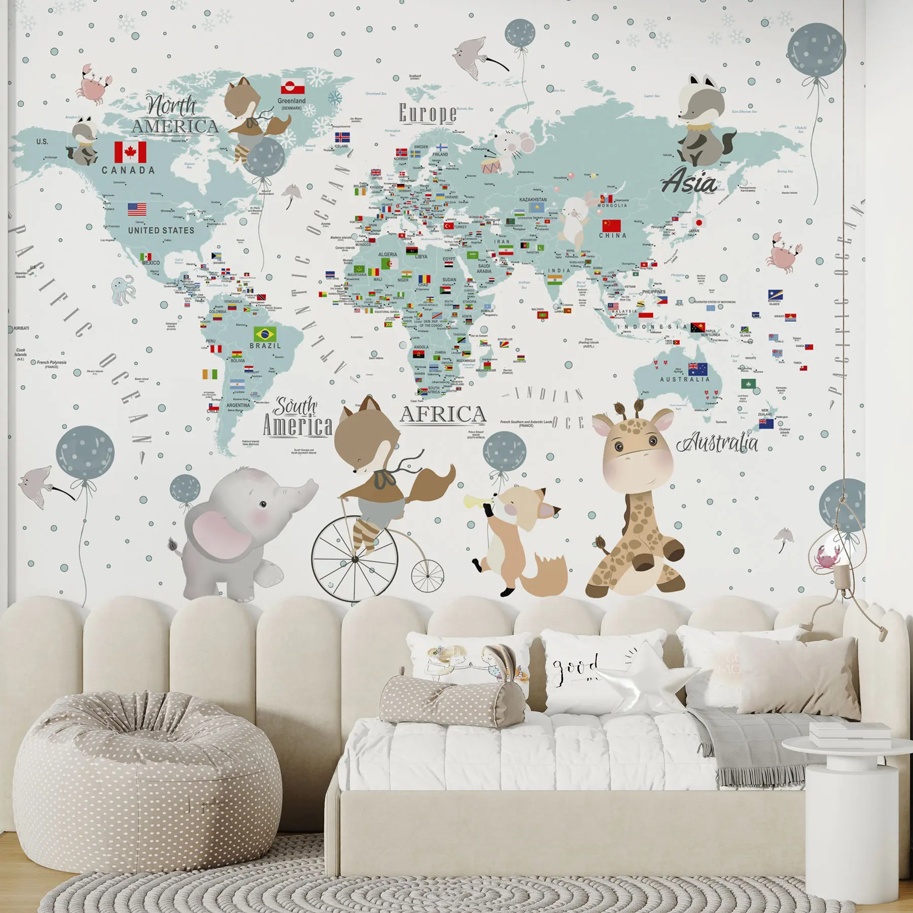 Fotobehang Kinderwereldkaart met dieren u99228