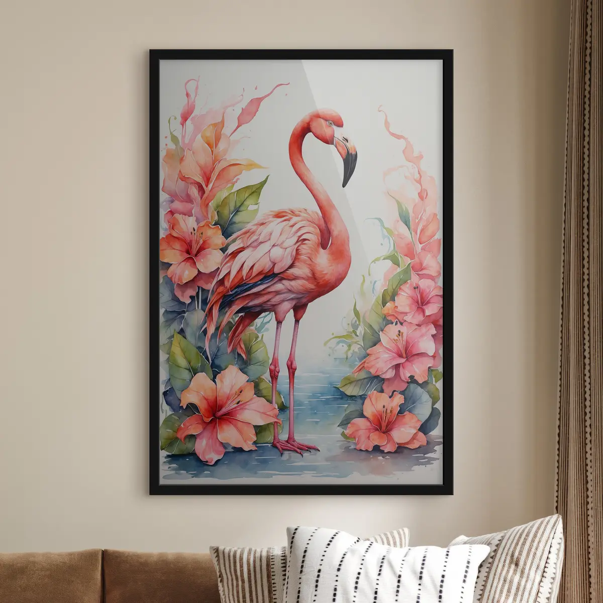 Affiche Flamant rose au milieu d'une luxuriante beauté florale f37125