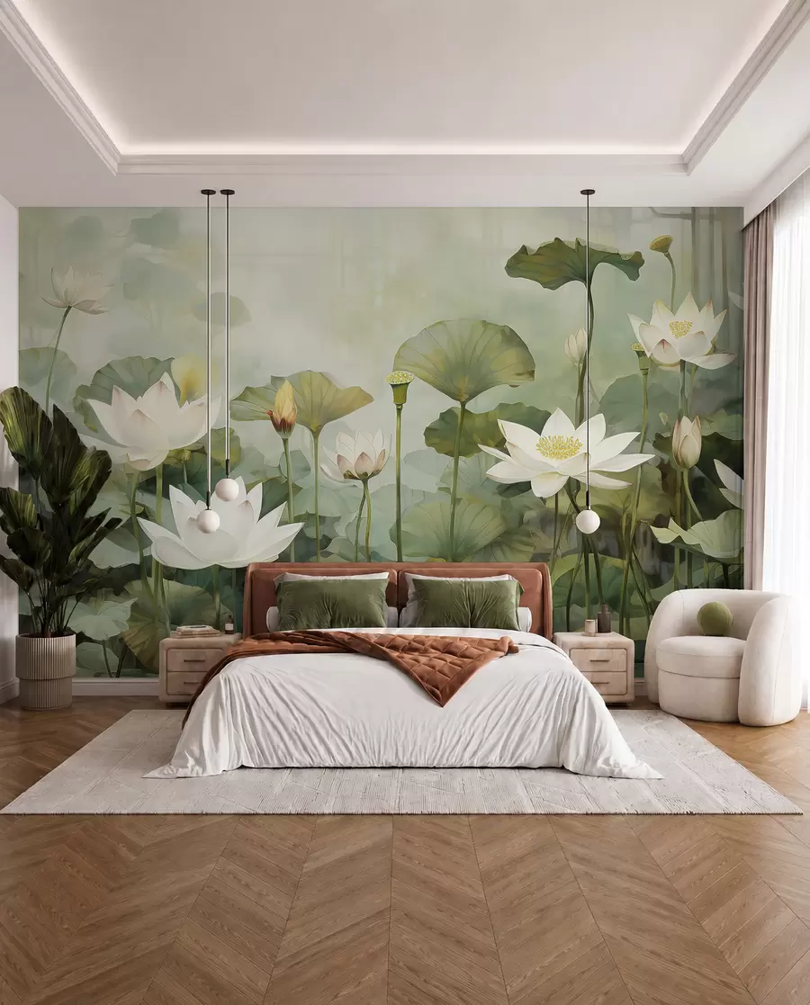 Papier peint photo Fleurs de lotus dans le lac, jungle, art tropical, verdure u99454d1