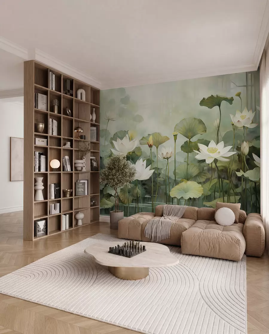 Fotobehang Lotusbloemen in het meer, jungle, tropische kunst, groen u99454d1