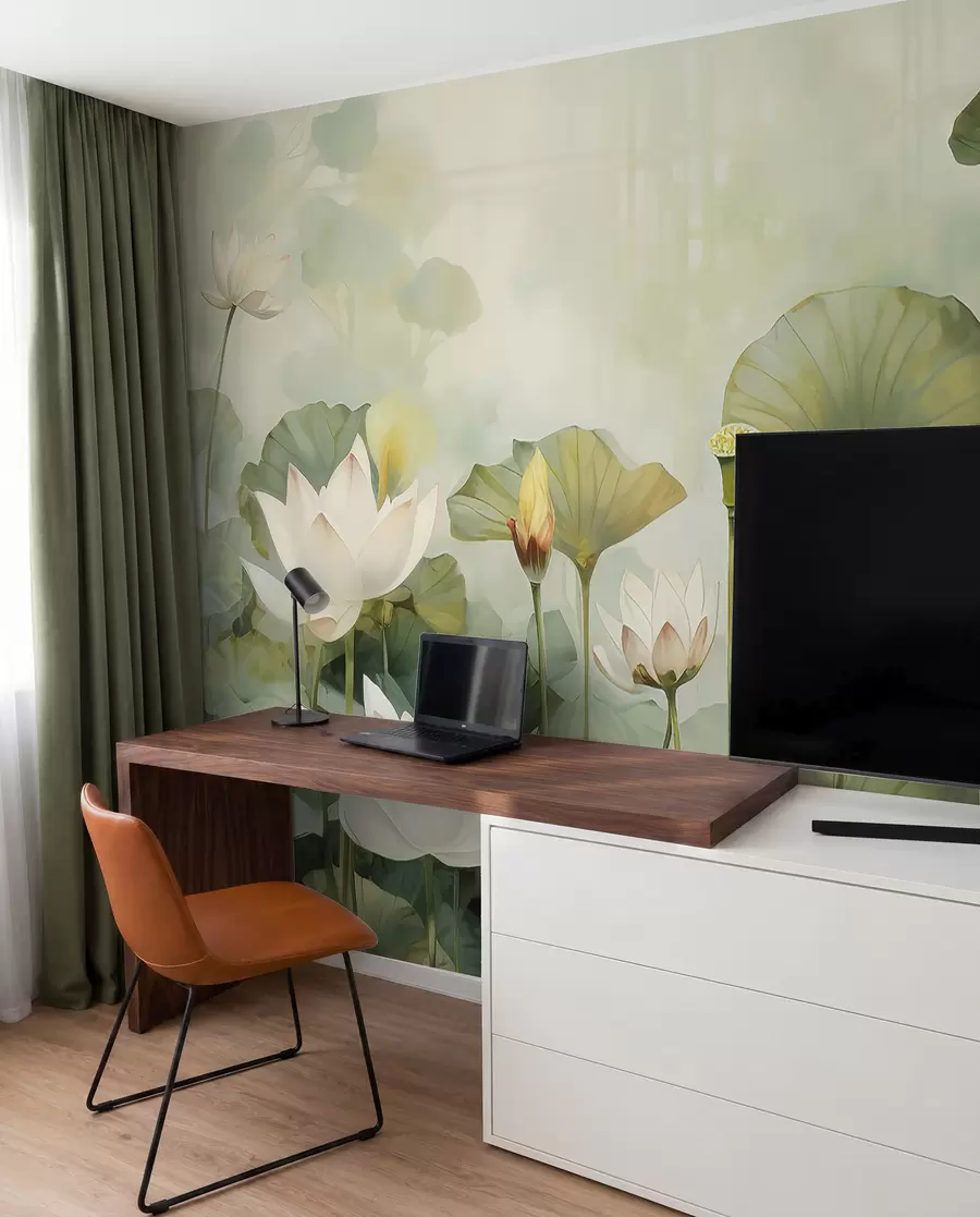 Fotobehang Lotusbloemen in het meer, jungle, tropische kunst, groen u99454d1