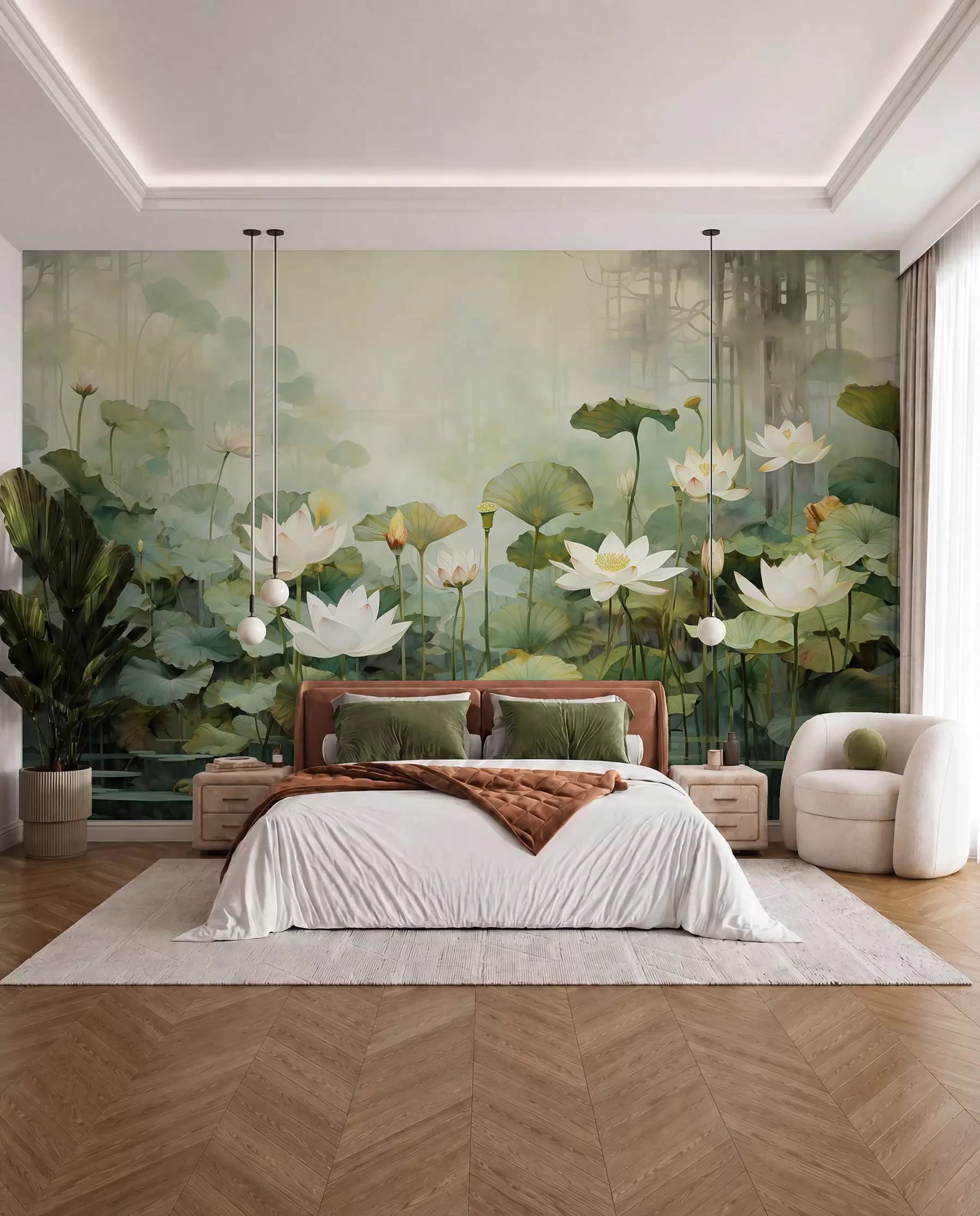 Fotobehang Lotusbloemen in het meer, jungle, tropische kunst, groen u99454