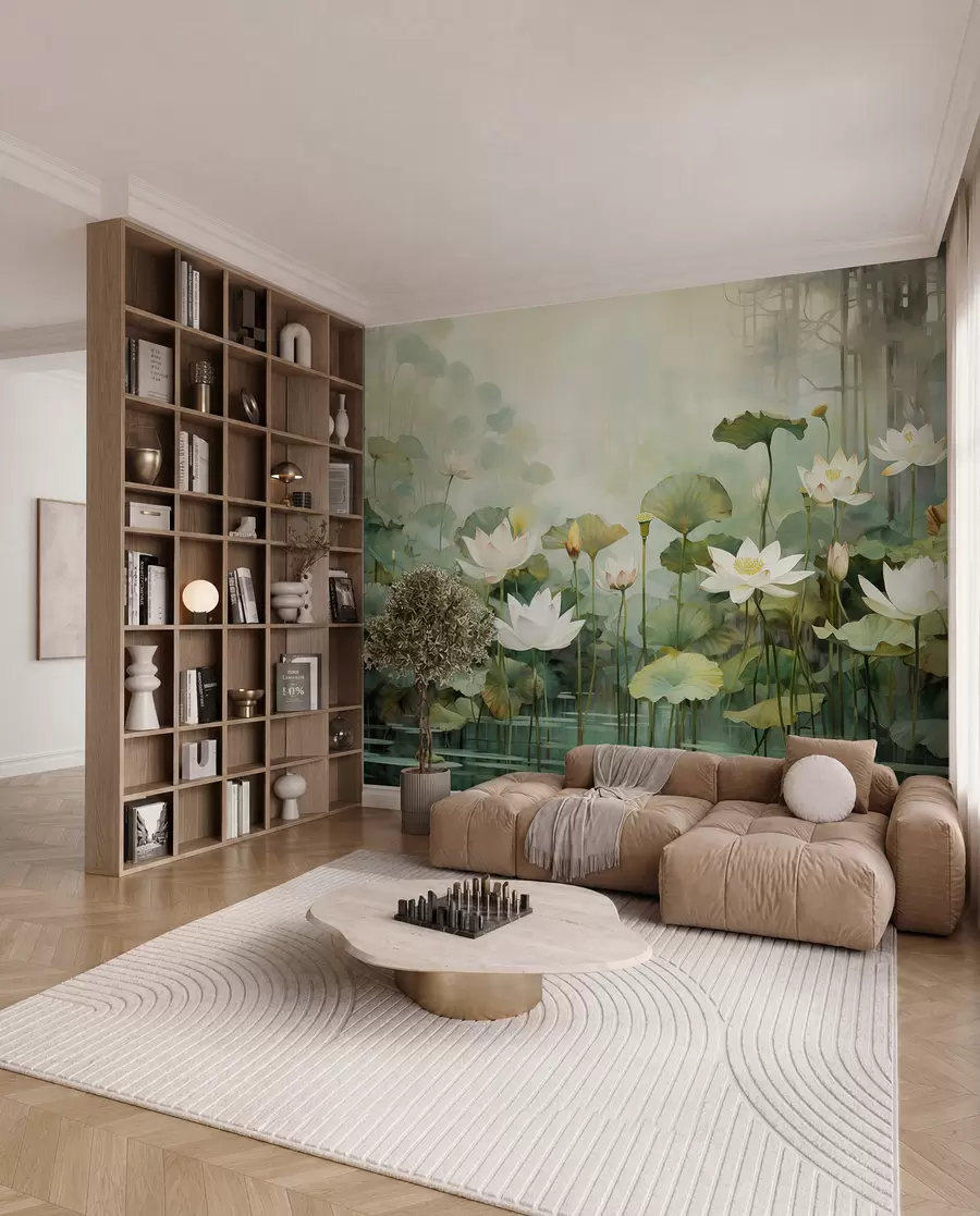 Fotobehang Lotusbloemen in het meer, jungle, tropische kunst, groen u99454