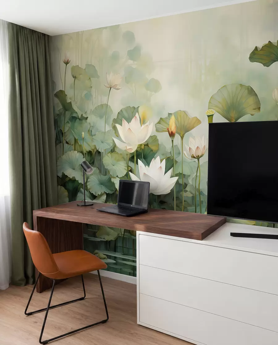 Fotobehang Lotusbloemen in het meer, jungle, tropische kunst, groen u99454