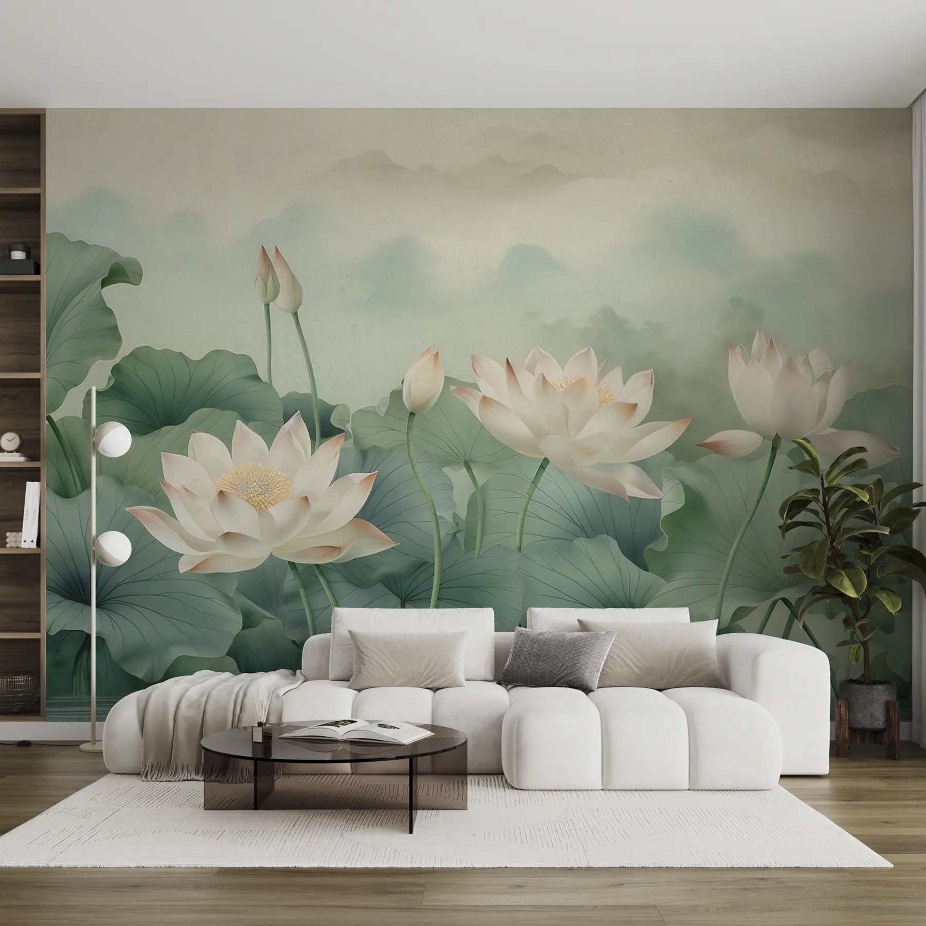 Fotobehang Lotusbloemen in het meer, mist, tropische kunst, groen u99455