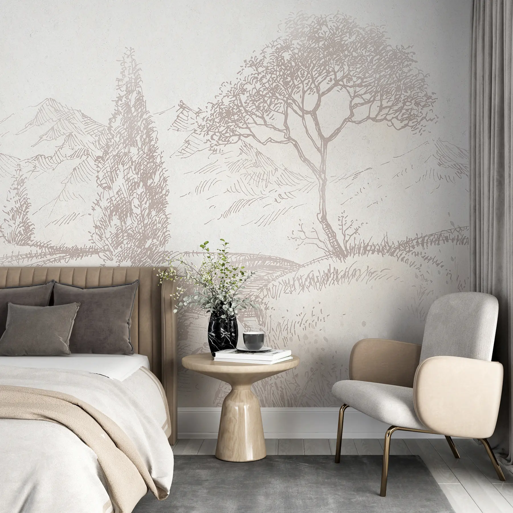 Fotobehang Toscana landschap, boom, veld, minimalisme, natuurlijke beige kleuren u99570