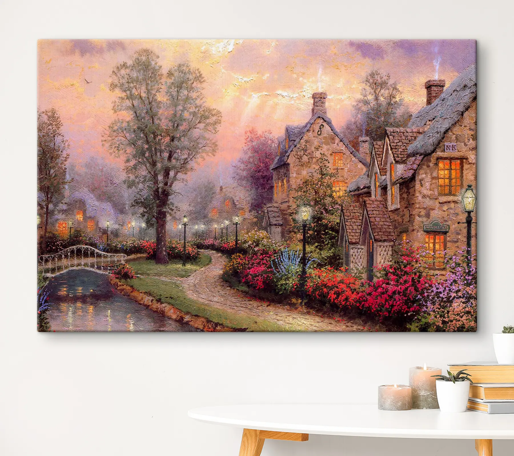  Peintures Charmant village au crépuscule, atmosphère sereine s19091