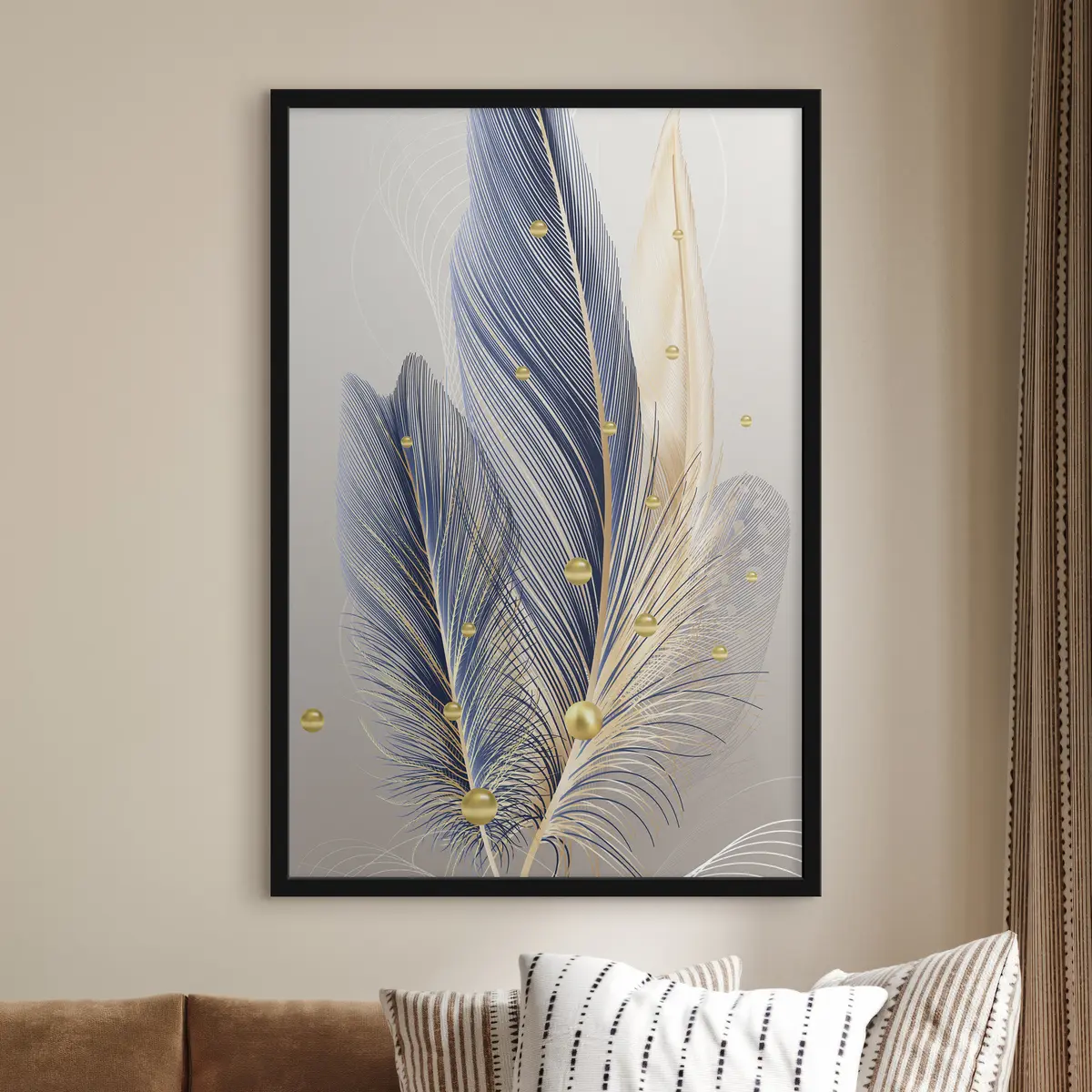 Poster Blauwe veren met parels f36325