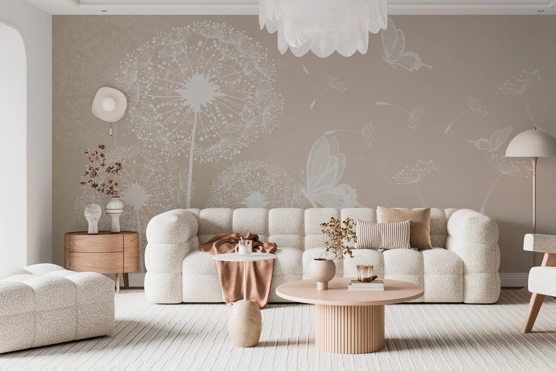 Fotobehang Delicate paardenbloemen met beige vlinders u99597