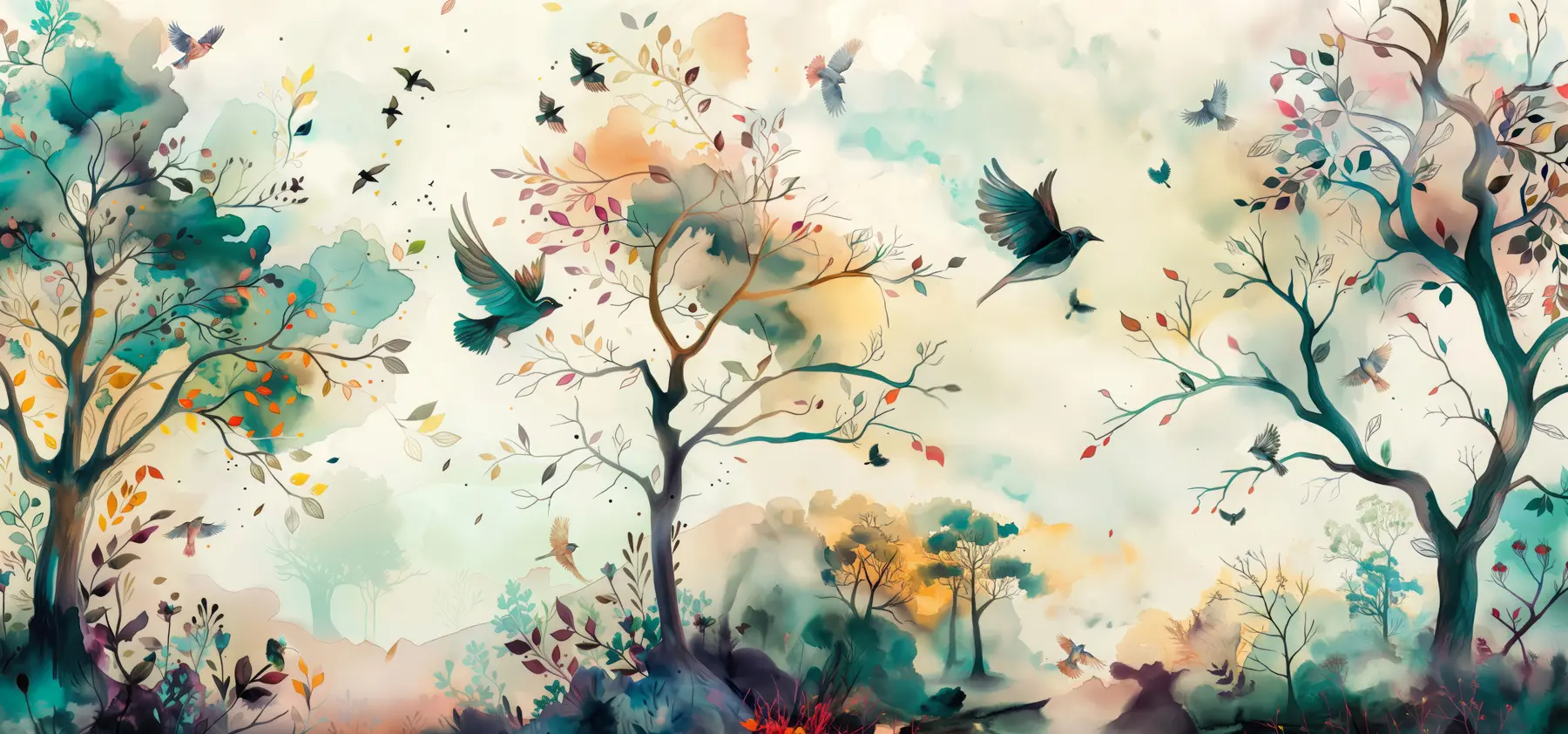 Fotobehang Vogelkleuren op herfsttakken u99612
