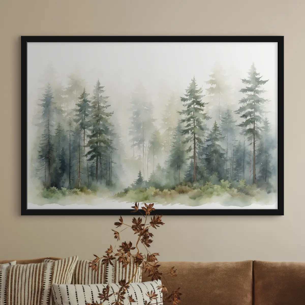 Poster Mistig boslandschap in zachte tinten f37337