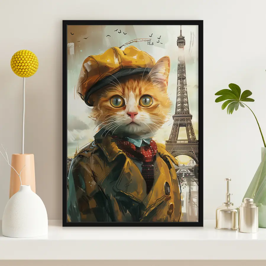 Fotobehang Modieuze kat in Parijse kleding f37456