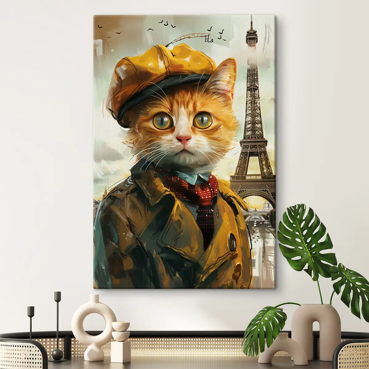  Schilderijen Charmante kat in Parijse kleding s37456