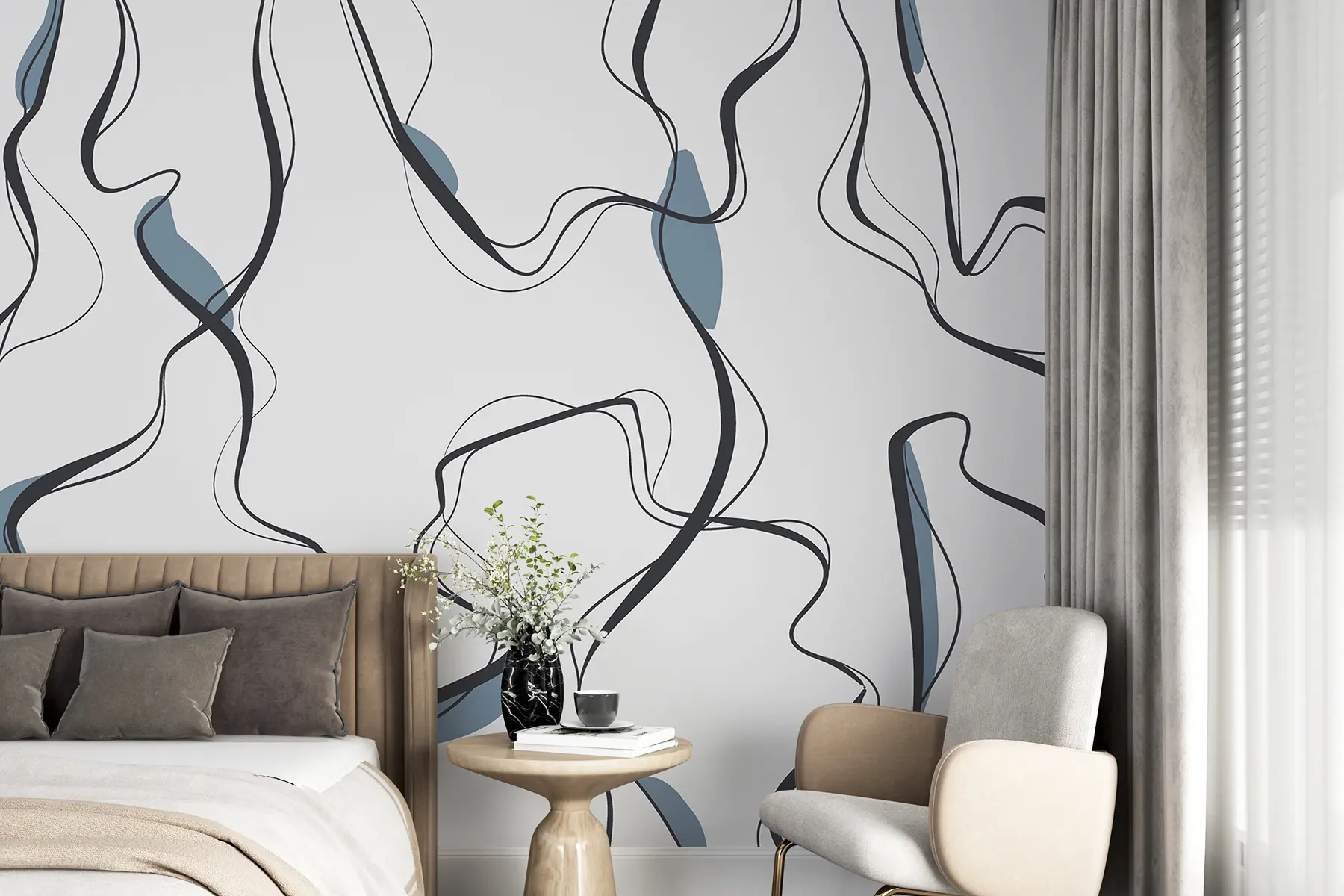 Papier peint photo Dessin à l'encre, motif abstrait, lignes géométriques, gris et bleu u99659