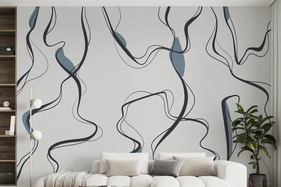 Fotobehang Inkttekening kunst, abstract patroon, geometrische lijnen, grijs en blauw u99659