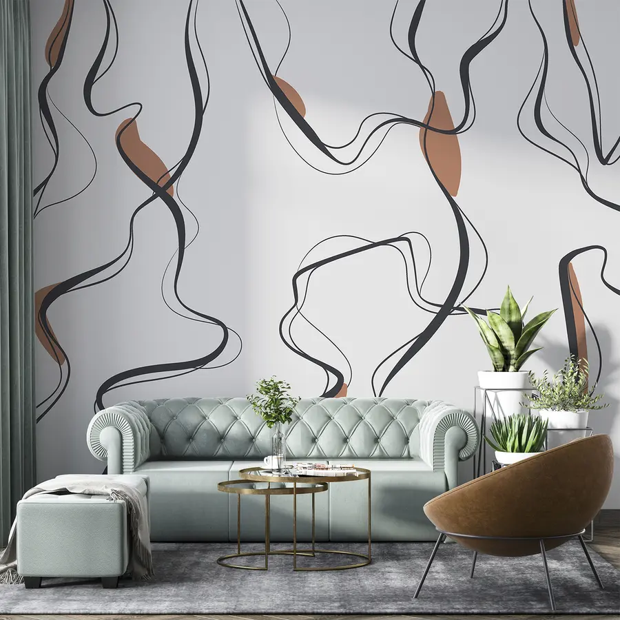 Papier peint photo Dessin à l'encre, motif abstrait, lignes géométriques, gris et orange u99659v3