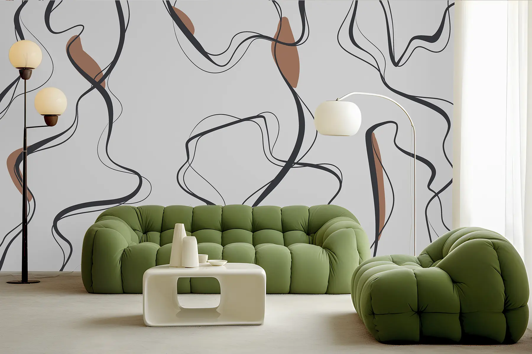 Papier peint photo Dessin à l'encre, motif abstrait, lignes géométriques, gris et orange u99659v3